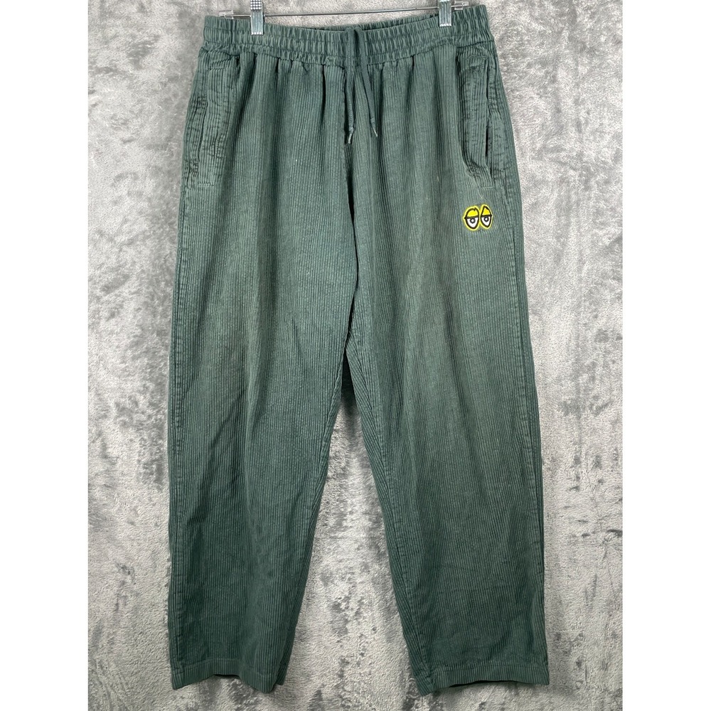 Krooked Eyes Pants Men XL Green Baggy Fit Drawstring Corduroy Embroidered Skater